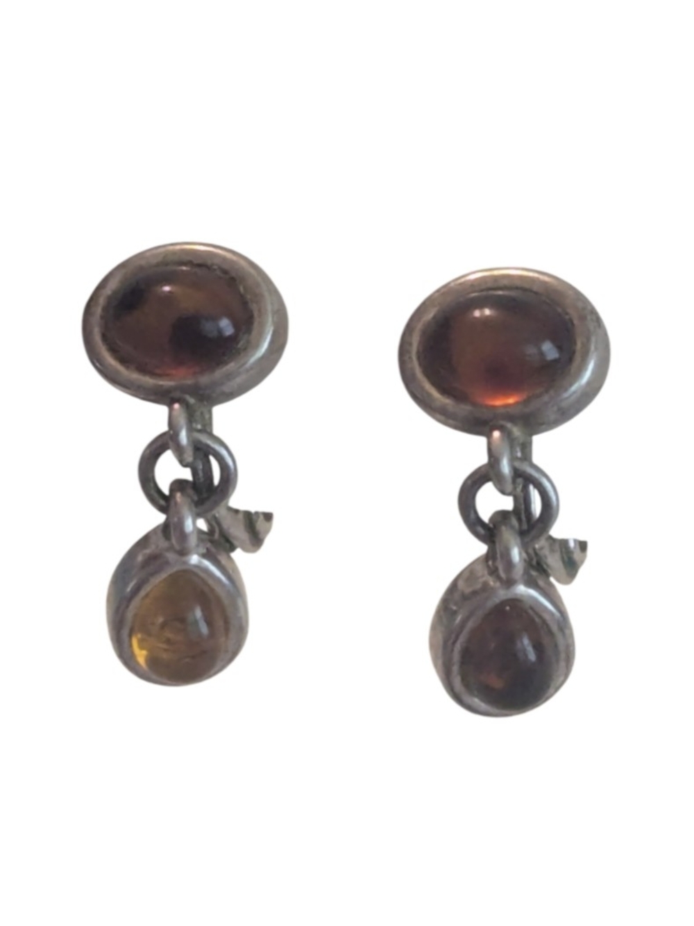 VTG Monet Double Orange Brown Amber Sliver Tone Drop Dangle Clip-On Earrings 1"